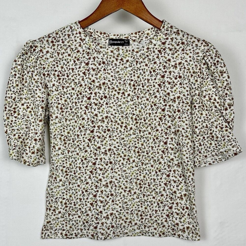 Popular 21 Shirt Womens Sz. L Cream Floral Ditsy Print Cottagecore AOP Flowers